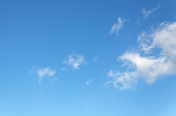 White clouds in a blue sky. The airiness and lightness of a summer morning. Natural phenomena. Sky background.