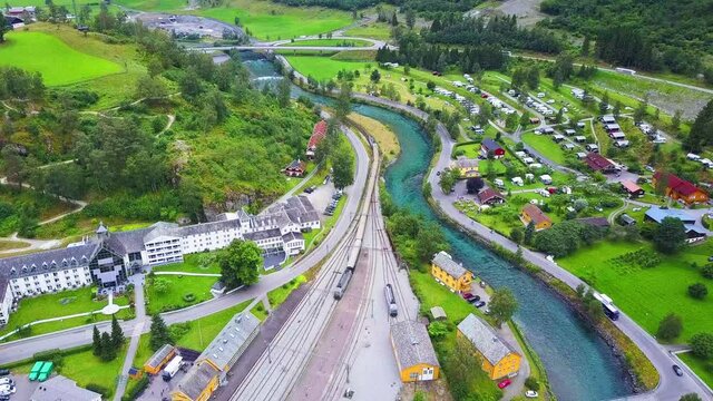 Flam aerial view. Flam is a village in Flamsdalen, at the Aurlandsfjord a branch of Sognefjord, municipality of Aurland, Norway.