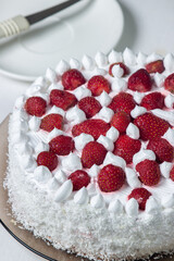Creamy strawberry cake. Homemade cake with whipped cream and fresh strawberries. Light dessert