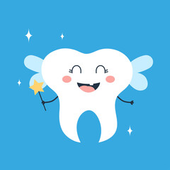 vector illustration of cartoon tooth fairy on blue