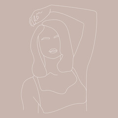White silhouette of a woman in underwear on a brown background. Line drawing. Trend illustration
