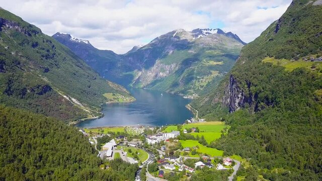 Geirangerfjord and Geiranger village aerial view in Norway