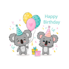 Birthday card with cute koalas  with balloons and gifts