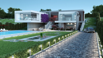 3D Rendered modern luxury house - 437305697