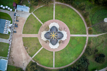 Aerial view of a church in a public park