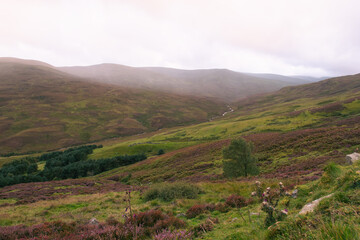 Obraz premium Scottish landscape on road between the small village of Kenmore and the small hamlet Amulree in the Scottish Highlands. Cloudy day, soft focus.