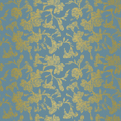 Gold foil on blue background decorative flower silhouette texture. Elegant seamless vector pattern for home and fashion fabrics, decorations and wallpaper.