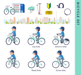 Fototapeta premium 色々な自転車に乗る配送員女性のセット