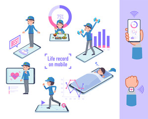 スマートフォンで行動と健康を管理している配送員女性のセット