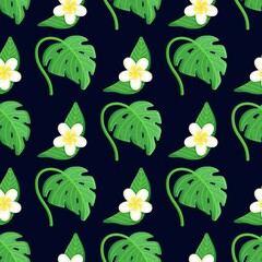 Vector illustration of tropical leaf print on black background. Beautiful seamless tropical jungle floral pattern background with palm leaves. 