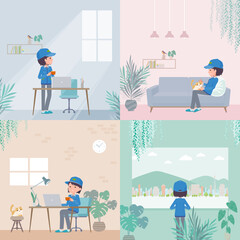 部屋でくつろぐ配送員女性のセット