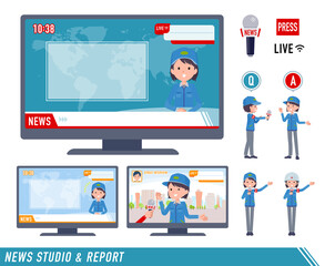 ニュース番組に出演する配送員女性のセット