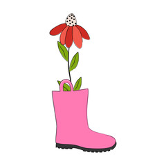 Rubber, pink gumboot with flower. Vector illustration.