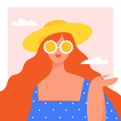 Portrait of modern young woman wearing hat and sunglasses. Summer season vacation concept. Hand drawn girl cartoon character colorful vector illustration.