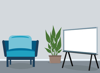 Presentation board for a business meeting next to an armchair and a potted plant
