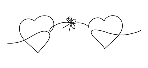 Continuous line art drawing. Couple of hearts symbolize love. Abstract hearts woman and men or friends. Vector illustration.