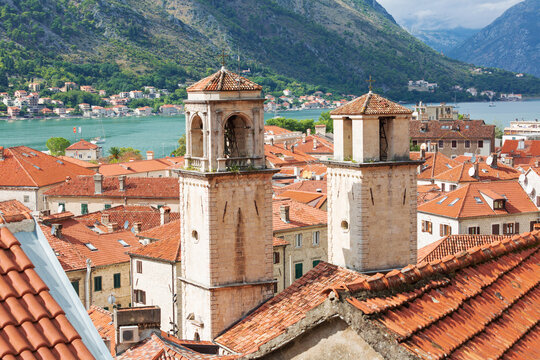 View on Cathedral of Saint Tryphon in old town of Kotor, Montenegro. Traditional red tiled roofs of the old town