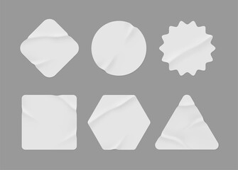 White stickers mockup. Blank labels of different shapes, circle wrinkled paper emblems. Copy space. Stickers or patches for preview tags, labels. Vector illustration