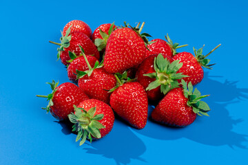 Bunch of strawberries on blue background. Red berry summer seasonal fruit.