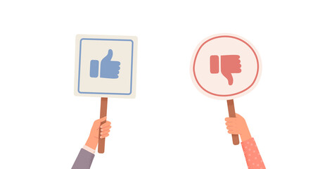 Hands holding signs with likes and dislikes. Votes of judges. Feedback. Hands holding likes and dislikes signs. Vector illustration