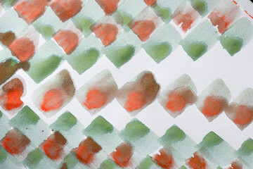 watercolour background featuring a slightly checkered pattern in cadmium red-orange and pale moss...