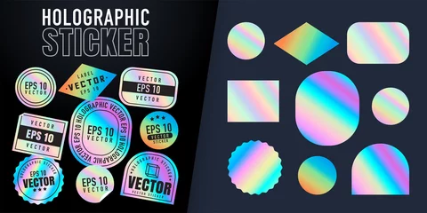 Fotobehang Holographic stickers. Hologram labels of different shapes. Colored blank rainbow shiny emblems, label. Paper Stickers. Vector illustration © Vladyslav