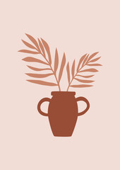 Palm leaf in abstract vase art print. Hand drawn trendy flat vector illustration