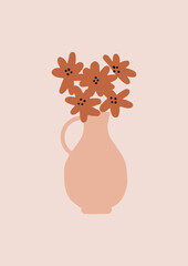 Abstract modern vase with tropical leaf background. Fashion minimal trendy art minimal botanical poster print. Vector hand drawn illustratio. Bohemian aesthetic, boho minimalist wall decor.