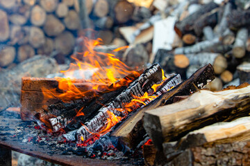 Flames of fire close up. Campfire in nature. A blurred chocks background.