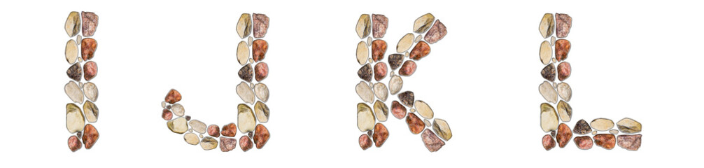 The letters I, J, K, L are made of stones