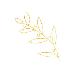 Gold branch, linear leaves and seeds. Hand painted isolated on white background. Vector.