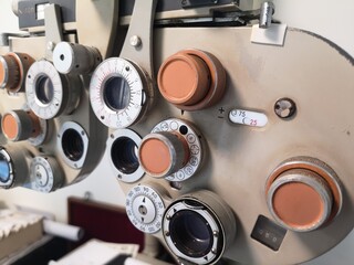 Closeup vintage ophthalmic microscope or Phoropter, Optical equipment for testing vision....