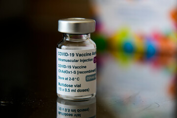 AstraZeneca Vaccine Against Coronavirus Covid-19 vial before vaccination at a hospital in Kyiv, Ukraine 