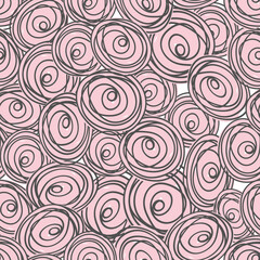 Seamless pattern with child doodle roses. Pattern with gray swirls on a light pink and white backdrops. Can be used for textile prints, cards, wrapping paper. Vector illustration, eps 10.