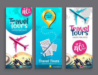 Travel tours sale vector poster set. Travel tours limited offer text up to 40% off with airplane, 3d pin and world map elements for international travelling discount promotion design.