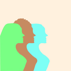 The female silhouette of the head is isolated. The concept of equality, international Women's Day, activism, feminism. Illustration of a silhouette with feminist women. Banner, greeting card.