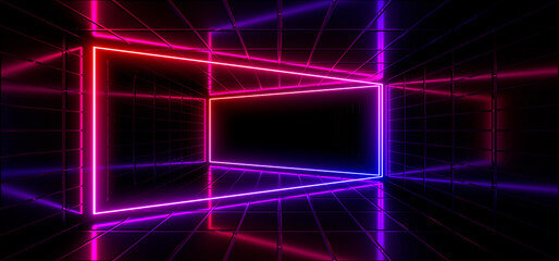 Sci Fy neon lamps in a dark corridor. Reflections on the floor and walls. 3d rendering image.