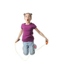Cute little girl with jump rope on white background