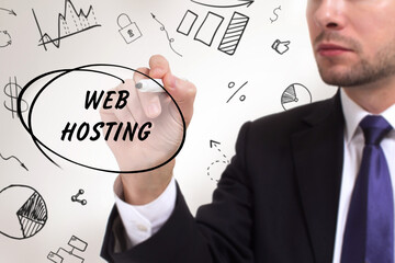 Business, technology, internet and network concept. Young businessman thinks over the steps for successful growth: Web hosting