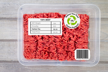 Carbon label and carbon tax price label on meat, eco comsumer labeling on food