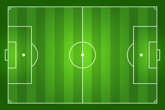Green striped soccer field with markings. The proportion is 105 by 68 meters. View from above. Template for illustration and coverage of football matches. Vector illustration