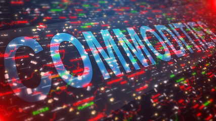 Commodity trade in oil, gold, silver, copper, corn on global commodities market - 3D Illustration rendering