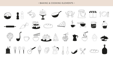 Cooking, baking and homemade food collection of hand drawn elements. Trendy modern illustrations, coffee shop and restaurant concept logos, icon design