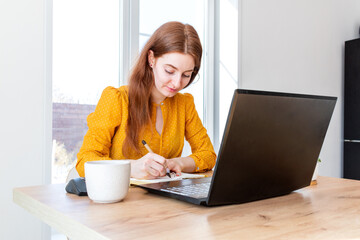 Defocus. Young woman is education online by using computer. Female freelancer browsing laptop.