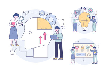 Experts looking into the human brain and analyzing idea marketing. Outline flat design style minimal vector illustration set.