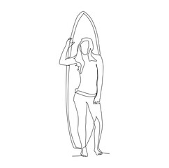 Woman surfer standing out in front of her surfboard -continuous one line drawing