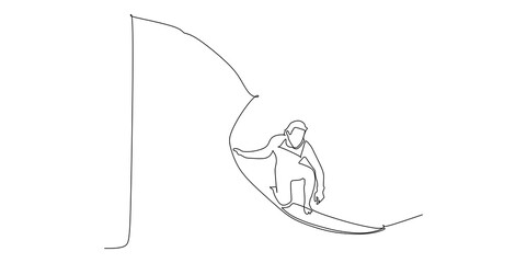 Surfing surfer riding ocean wave - continuous one line drawing