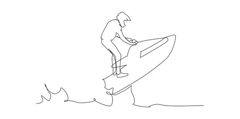 Fototapeta premium strong men drives on the jetski above the water.- continuous one line drawing