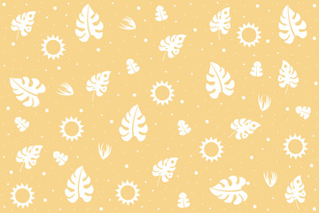 Exotic pattern with summer elements, exotic plants and palm leaves on a yellow background. Vector illustration.