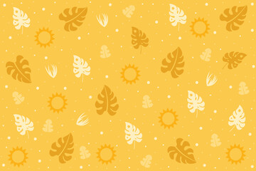 Yellow summer background design with exotic plant pattern, tropical concept. Vector illustration.